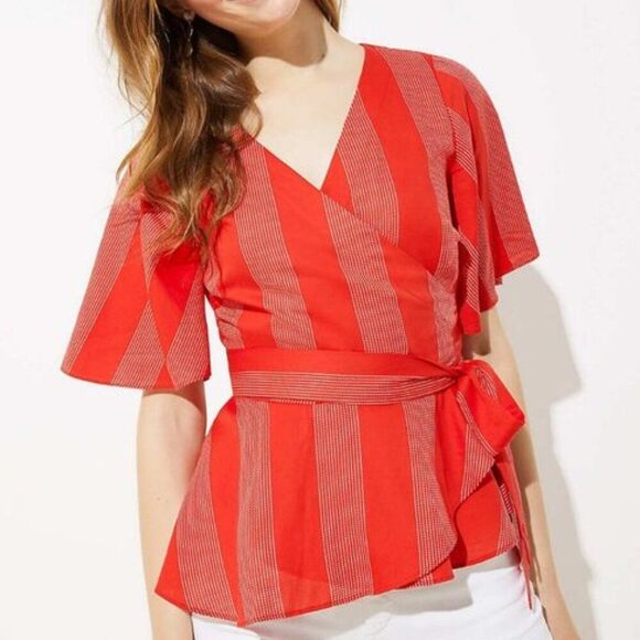 LOFT Petite Red Cotton Striped Wrap Top Sz  LP - Picture 3 of 12